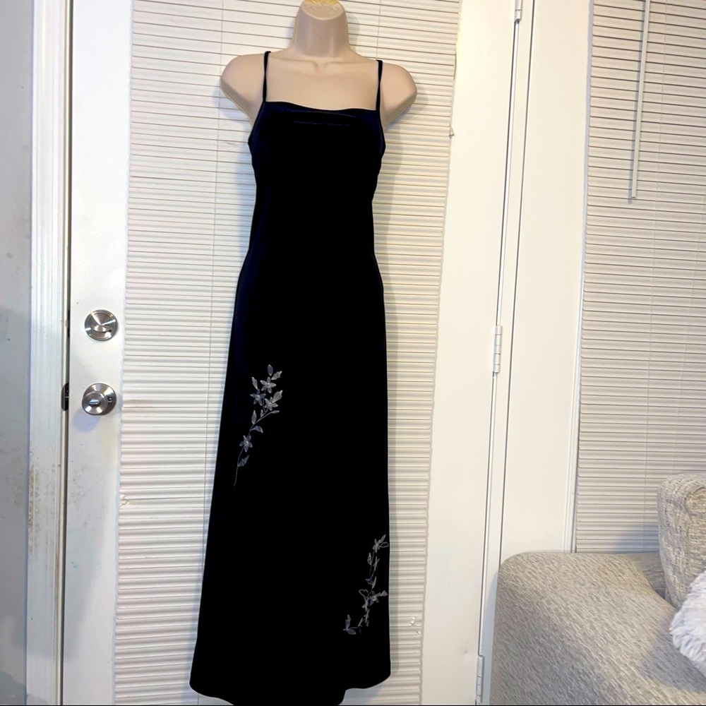 Uniform Maxi Dress W/Velvet Across the Chest Area & Floral Design At the Bottom